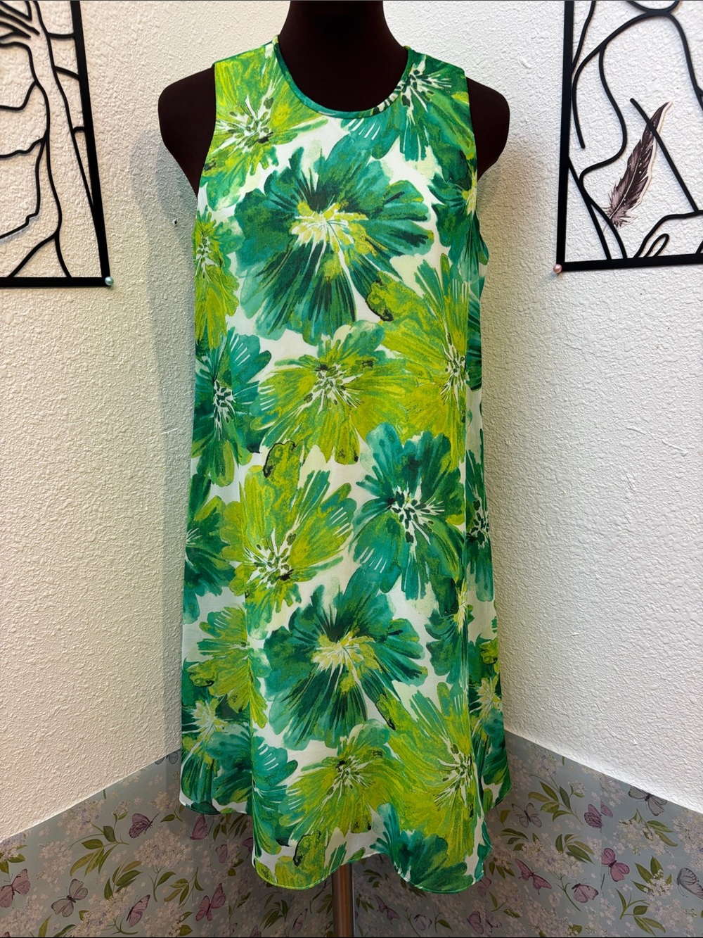 Calvin Klein vibrant lime green floral sleeveless A-line midi dress. Size 4.